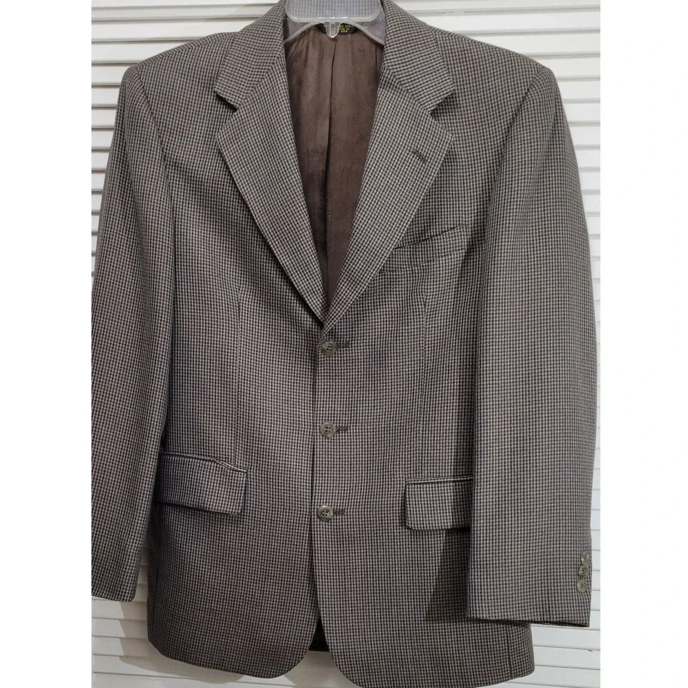 Vintage John Henry Mens 38R Blazer Brown Blue Houndstooth 3 Button Sport Coat